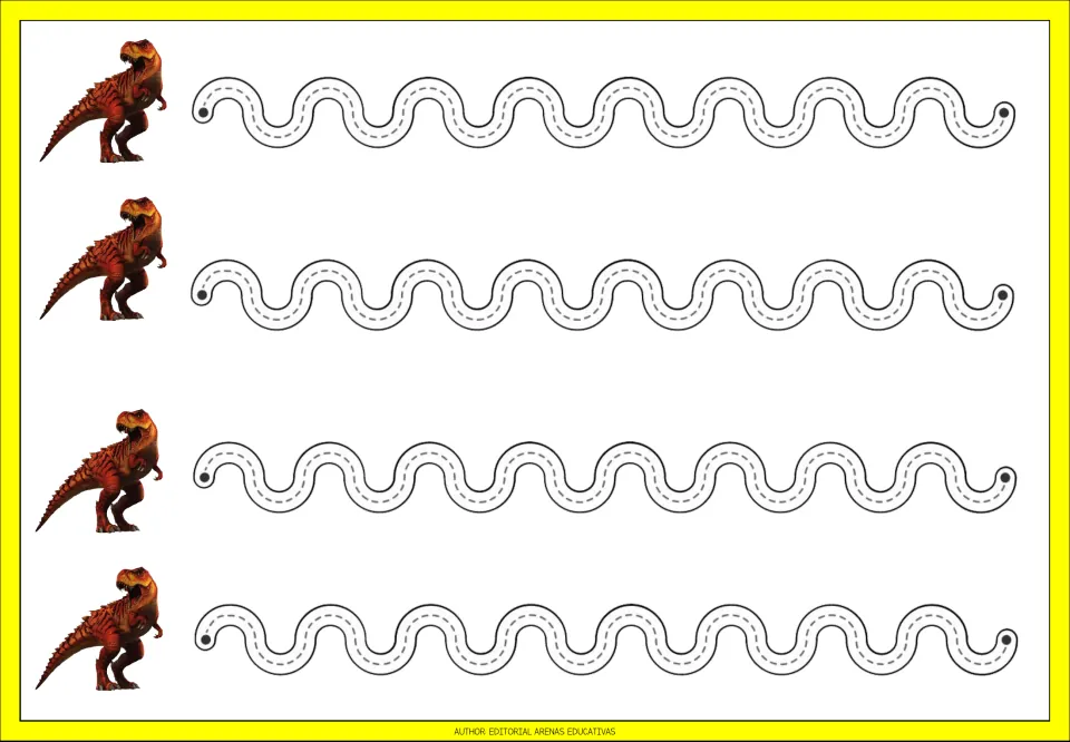 Dinosaur tracing practice sheet 4: four repeated wave paths featuring evenly spaced rounded peaks and dips