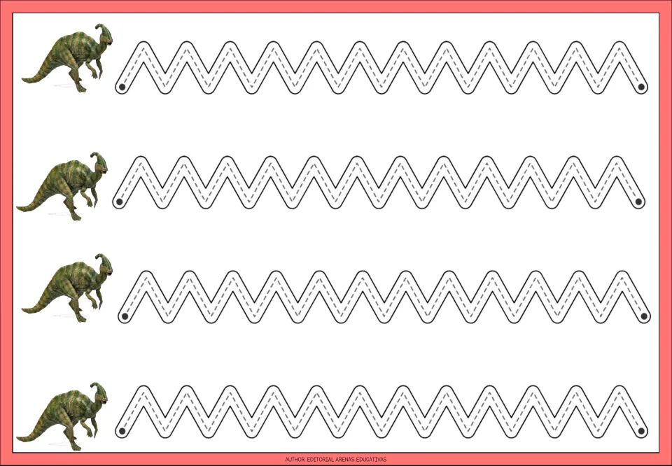 Dinosaur tracing practice sheet 5: four repeated zigzag paths featuring evenly spaced tall peaks and valleys