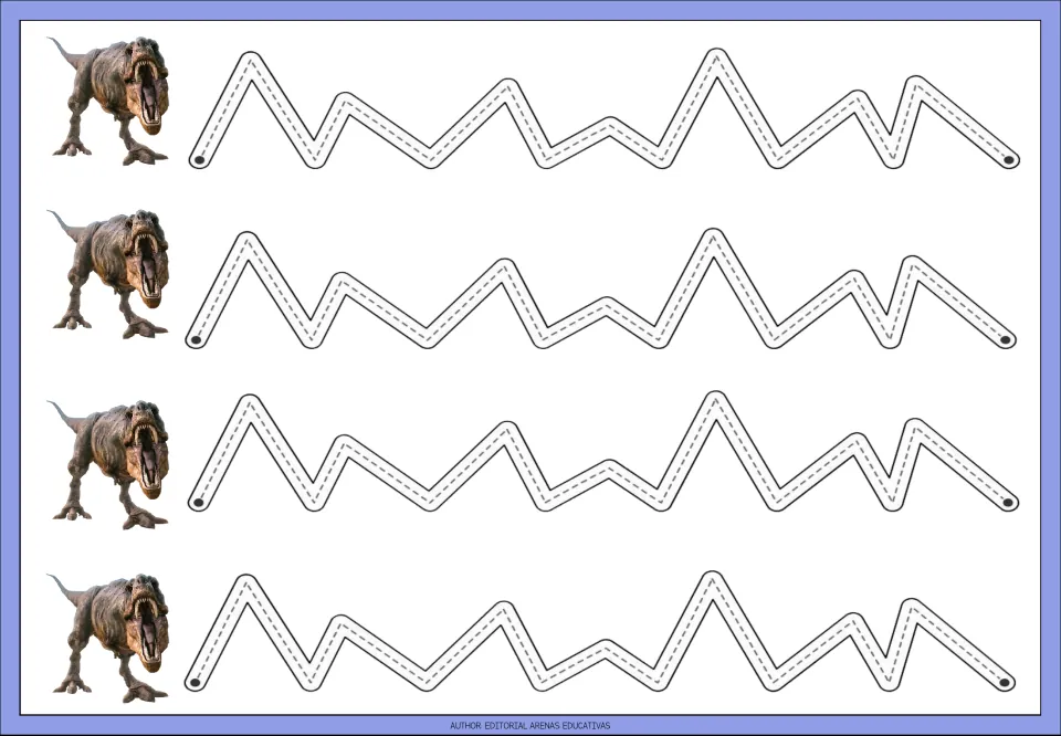 Dinosaur tracing practice sheet 6: four repeated angular paths featuring peaks of varying heights and widths