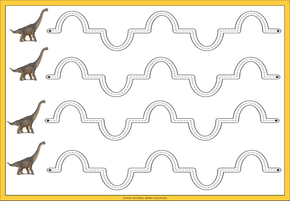 Dinosaur tracing practice sheet 7: four repeated paths alternating upward arches and downward rounded dips