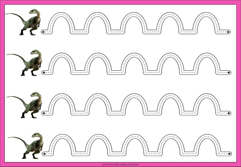 Dinosaur tracing practice sheet 8: four repeated paths featuring upward rounded arches joined by flat sections