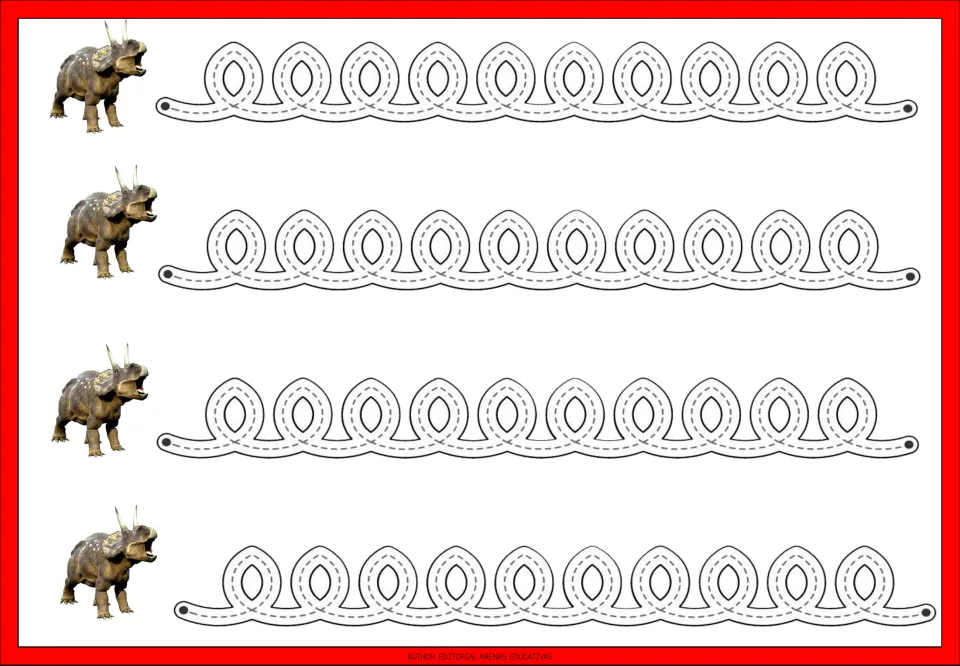 Dinosaur tracing practice sheet 9: four repeated paths featuring a continuous series of upright oval loops