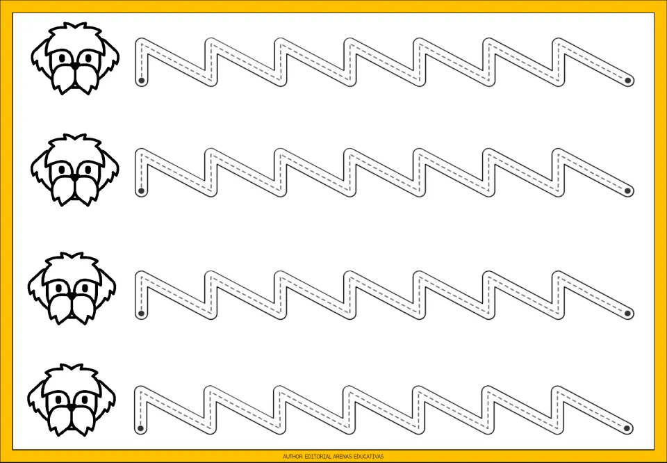Shaggy dog tracing: students follow four dashed square-cornered zigzags from start dot to end dot, practising angled turns