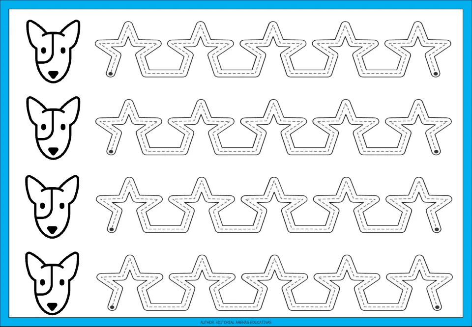 Pointy-eared dog star tracing: students trace four rows of joined dashed star outlines, practising pointed turns