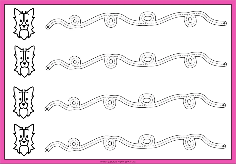 Long-haired dog loop tracing: students trace four wavy dashed paths with small loops, practising curved and looped strokes