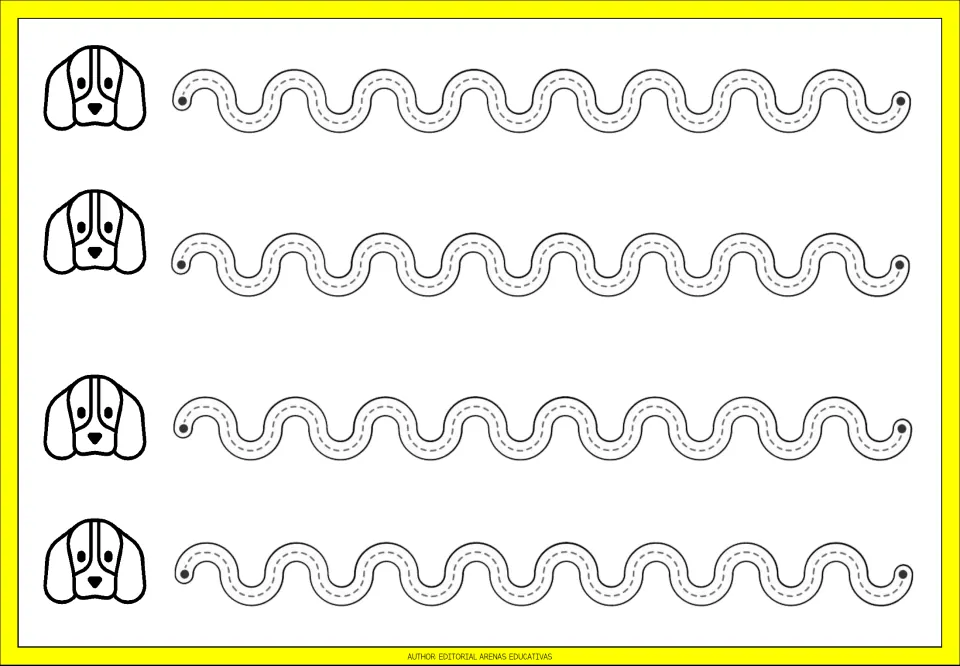 Floppy-eared puppy wave tracing: students follow four smooth dashed wavy paths from dot to dot, practising rounded strokes
