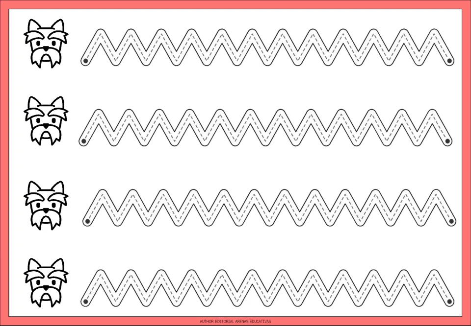 Scruffy dog zigzag tracing: students trace four rows of tight, pointed dashed zigzags, practising up-and-down strokes