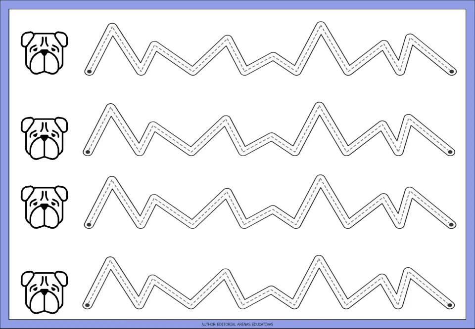 Bulldog mountain tracing: students follow four dashed paths of uneven tall and short peaks, practising diagonal strokes