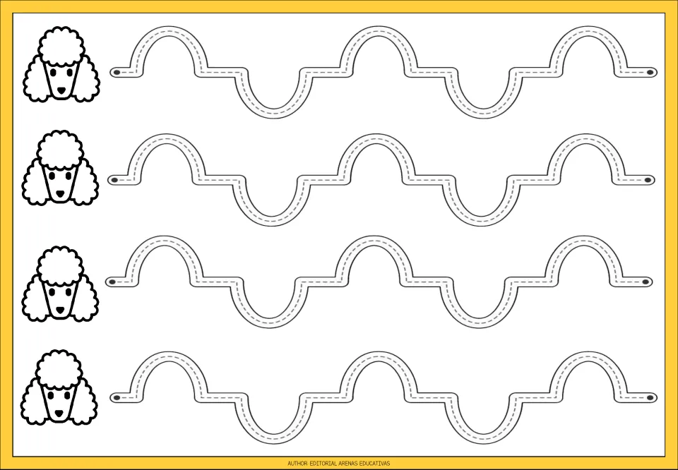 Poodle hill tracing: students trace four dashed paths of humps above and dips below a flat path, practising arcs