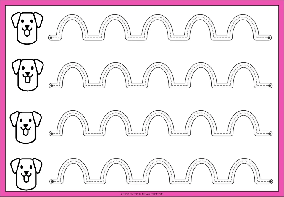 Puppy arch tracing: students trace four rows of five dashed arches joined by flat steps, practising the n-shaped stroke