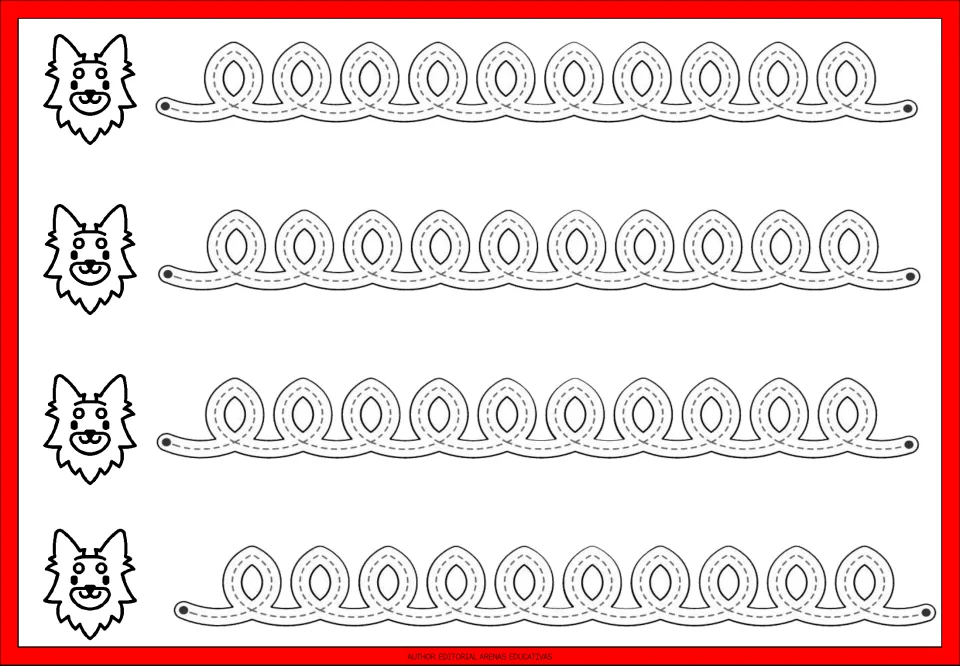 Fluffy dog loop tracing: students trace four rows of ten dashed overlapping loops, practising continuous looped strokes
