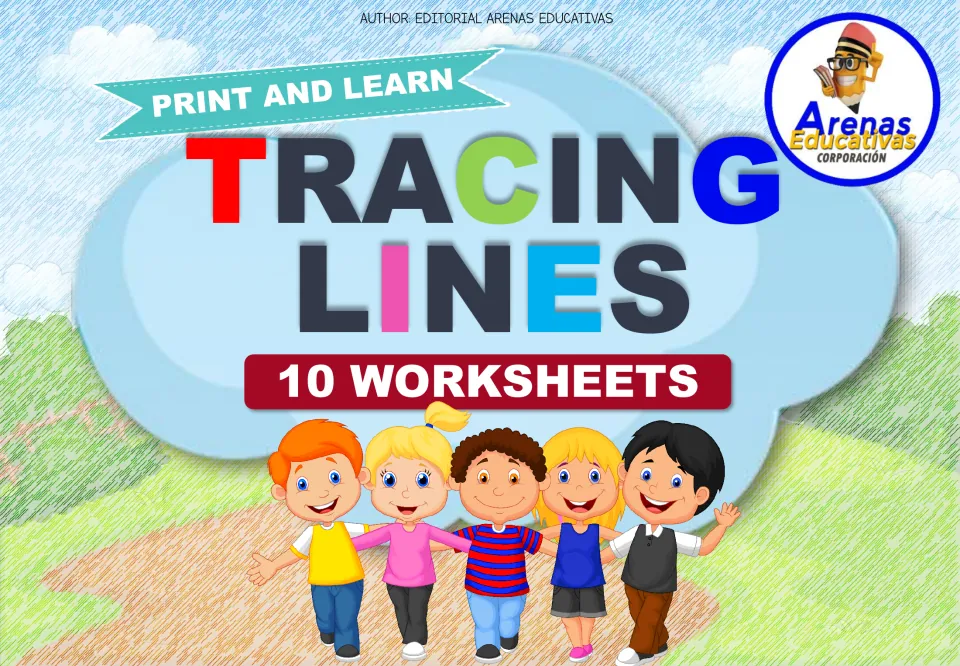 Tracing Lines cover: Print and Learn title, a 10 worksheets label and five cartoon children walking along a path