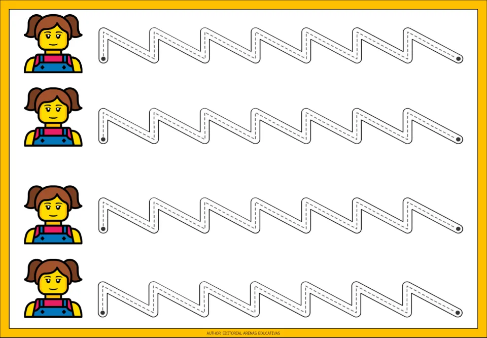 Zigzag line tracing: students follow four dotted slanted zigzag paths from dot to dot, each beside a pigtailed toy figure