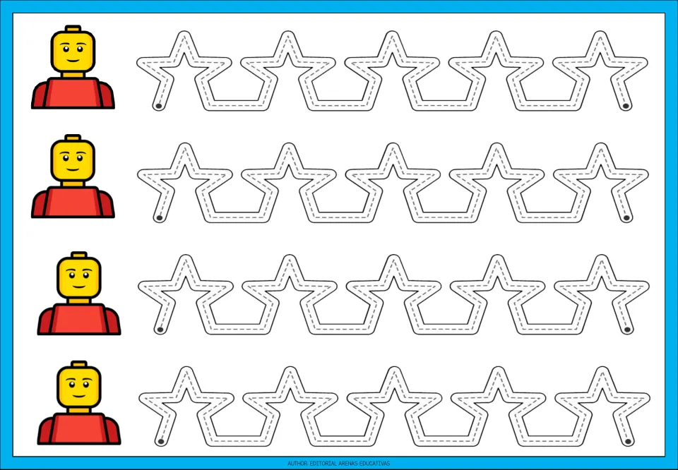 Star shape tracing: students trace four rows of five joined dotted star outlines from start dot to end dot