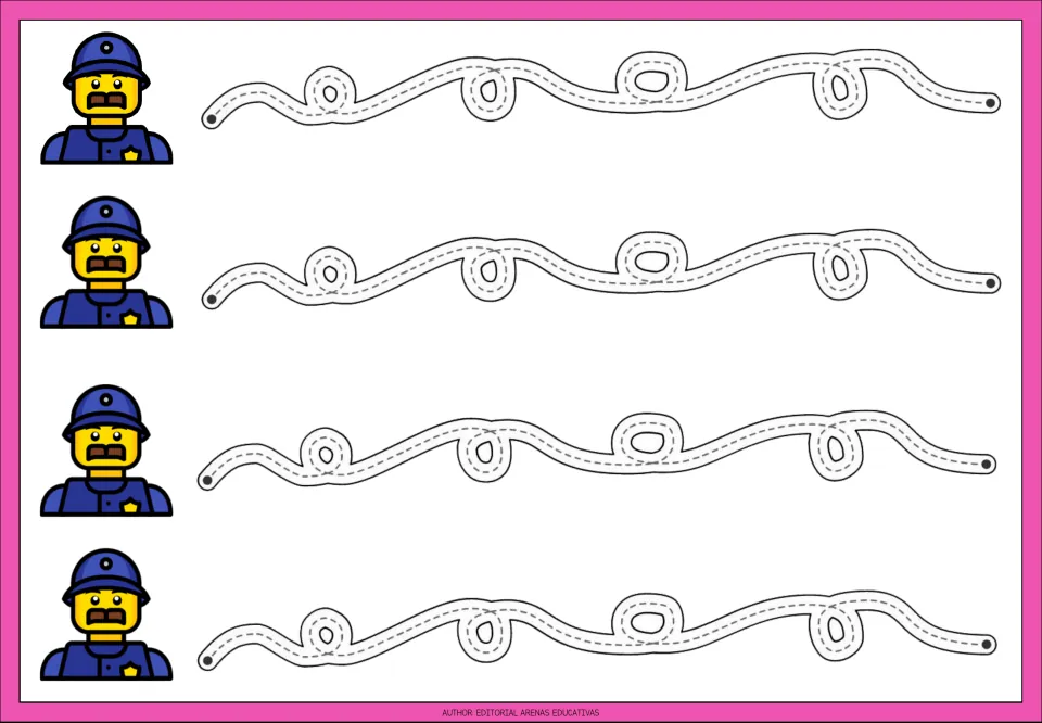Loop line tracing: students follow four wavy dotted paths with small loops, each row starting beside a toy police officer