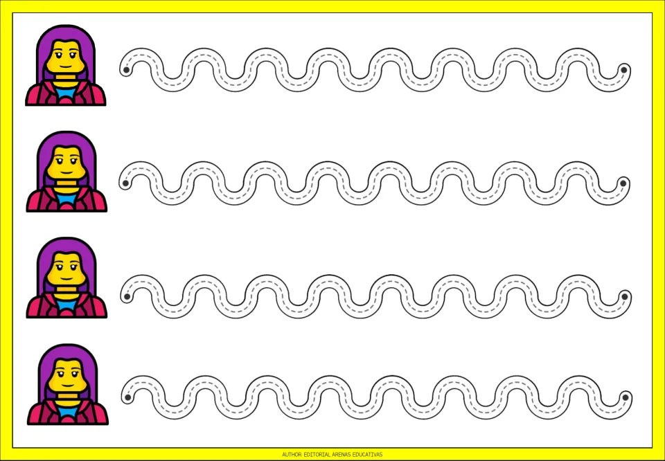 Wave line tracing: students trace four rows of smooth dotted S-shaped waves from dot to dot beside a purple-haired figure