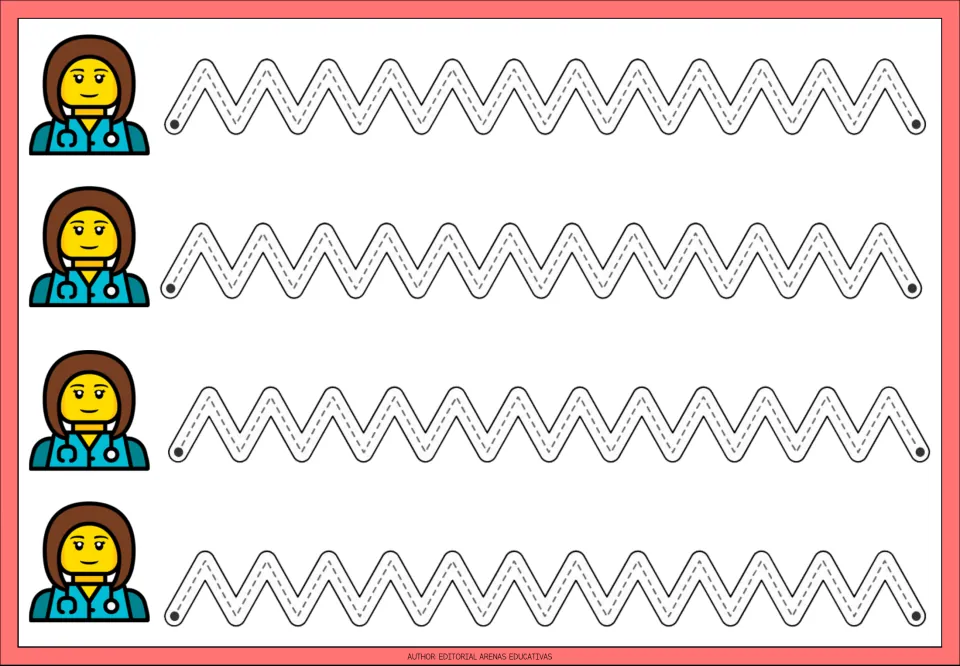 Sharp zigzag tracing: students trace four rows of tight dotted peaks from left dot to right dot beside a toy doctor figure
