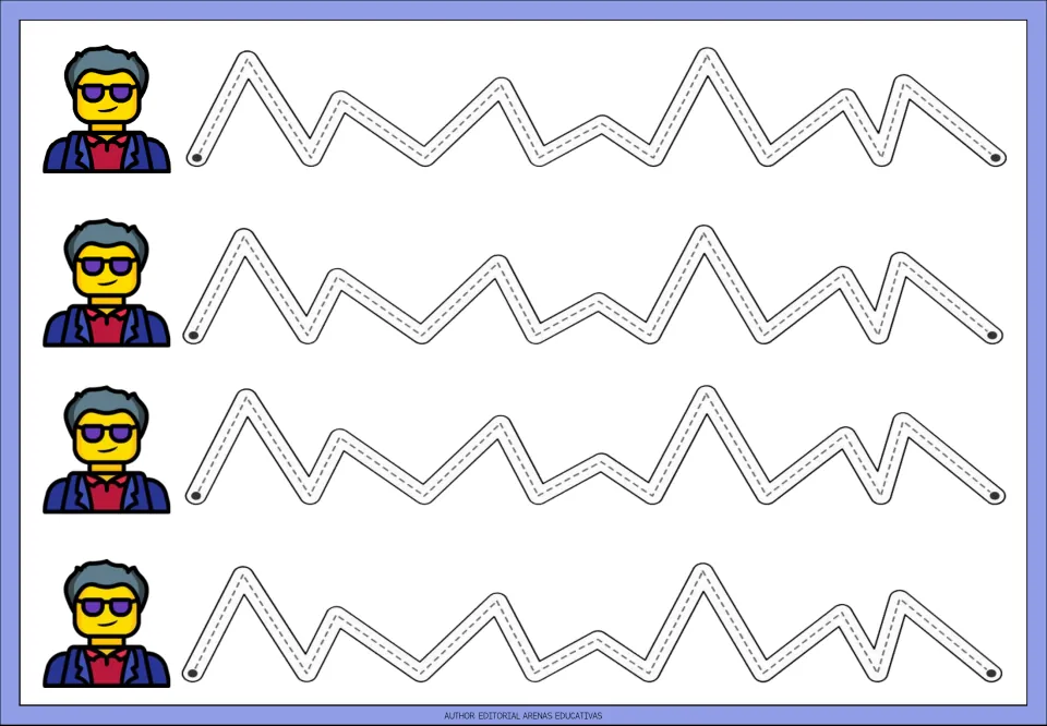 Irregular zigzag tracing: students follow four dotted paths with peaks of different heights beside a sunglasses figure