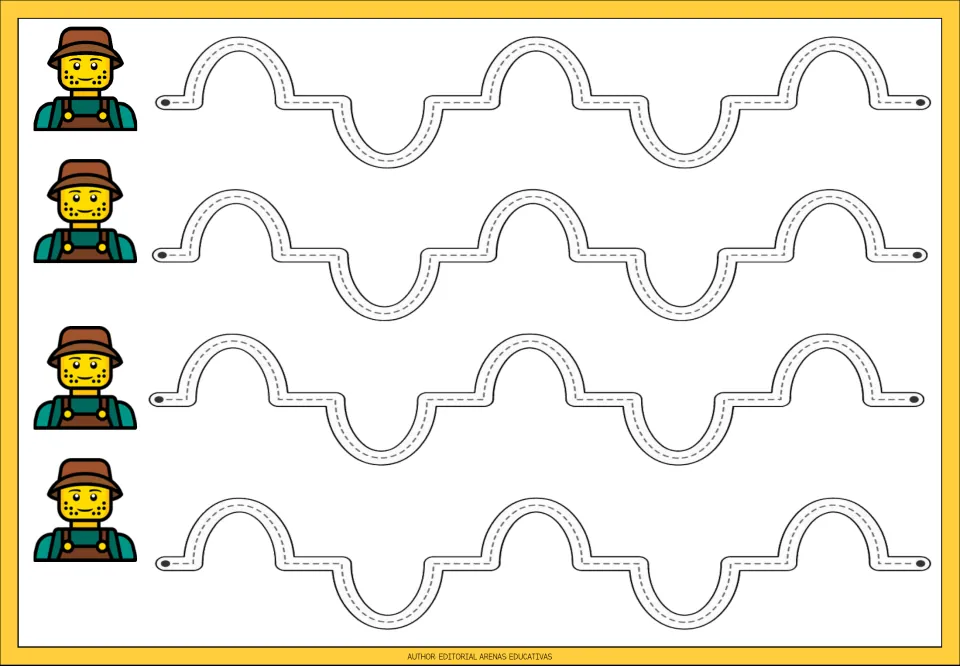Hill and valley tracing: students follow four dotted paths of rounded humps rising and dipping, beside a toy farmer figure