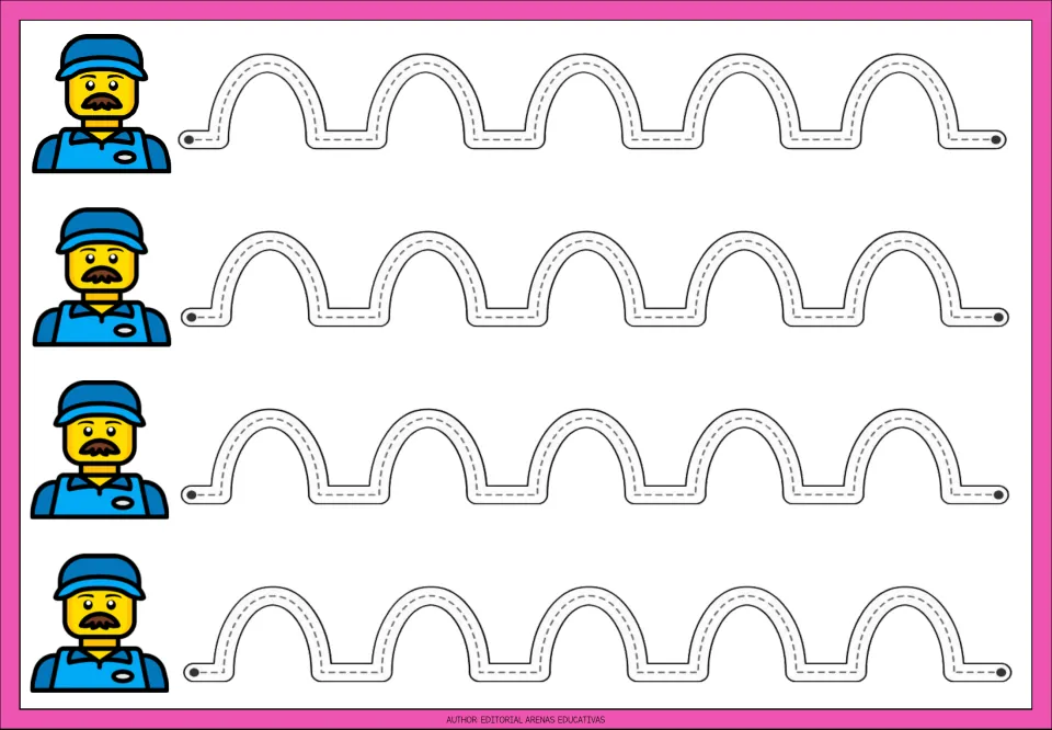 Arch line tracing: students trace four rows of five rounded dotted arches joined by flat lines beside a toy worker figure