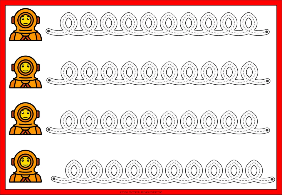 Loop tracing: students trace four rows of ten overlapping dotted loops from dot to dot beside a toy deep-sea diver figure