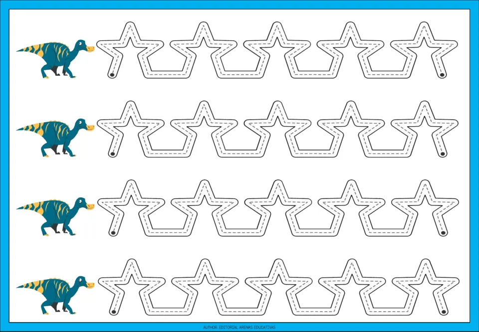 Tracing practice sheet 2: four repeated paths of connected star-shaped peaks for practicing angled strokes