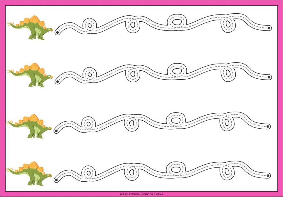 Tracing practice sheet 3: four repeated gently curving paths with small loops extending above and below