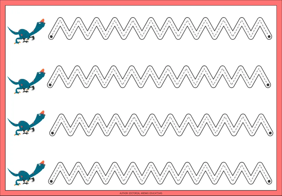 Tracing practice sheet 5: four repeated zigzag paths with evenly sized peaks for practicing diagonal strokes