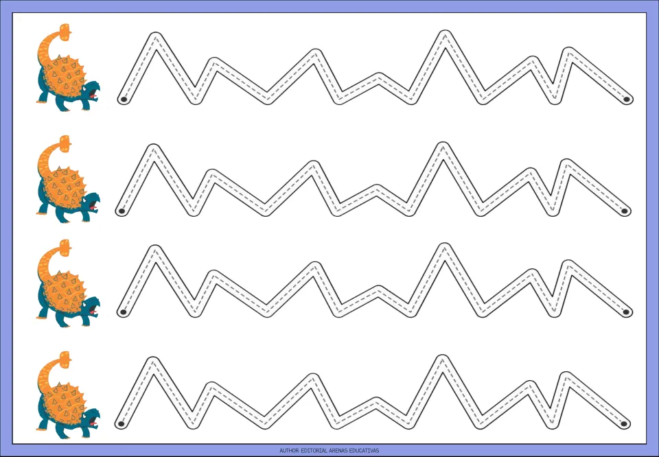 Tracing practice sheet 6: four repeated irregular zigzag paths with tall and short peaks and varied angles
