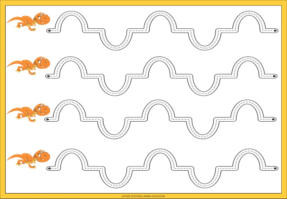 Tracing practice sheet 7: four repeated paths alternating upward arches and downward curves with flat joins