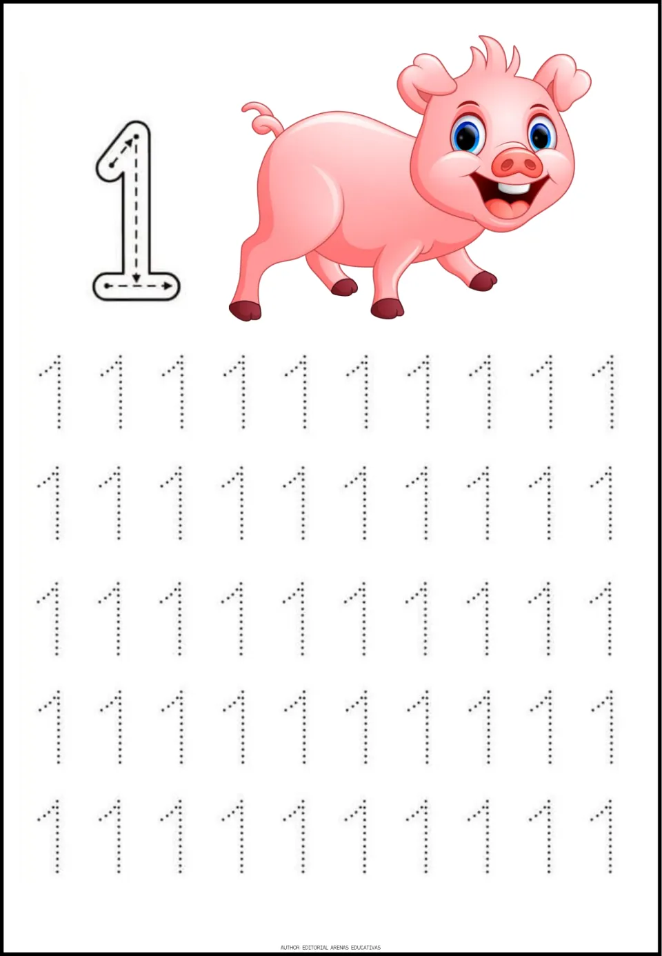 Number 1 tracing: students follow the arrow guide on a large 1, then trace five rows of dotted 1s beside one pink pig