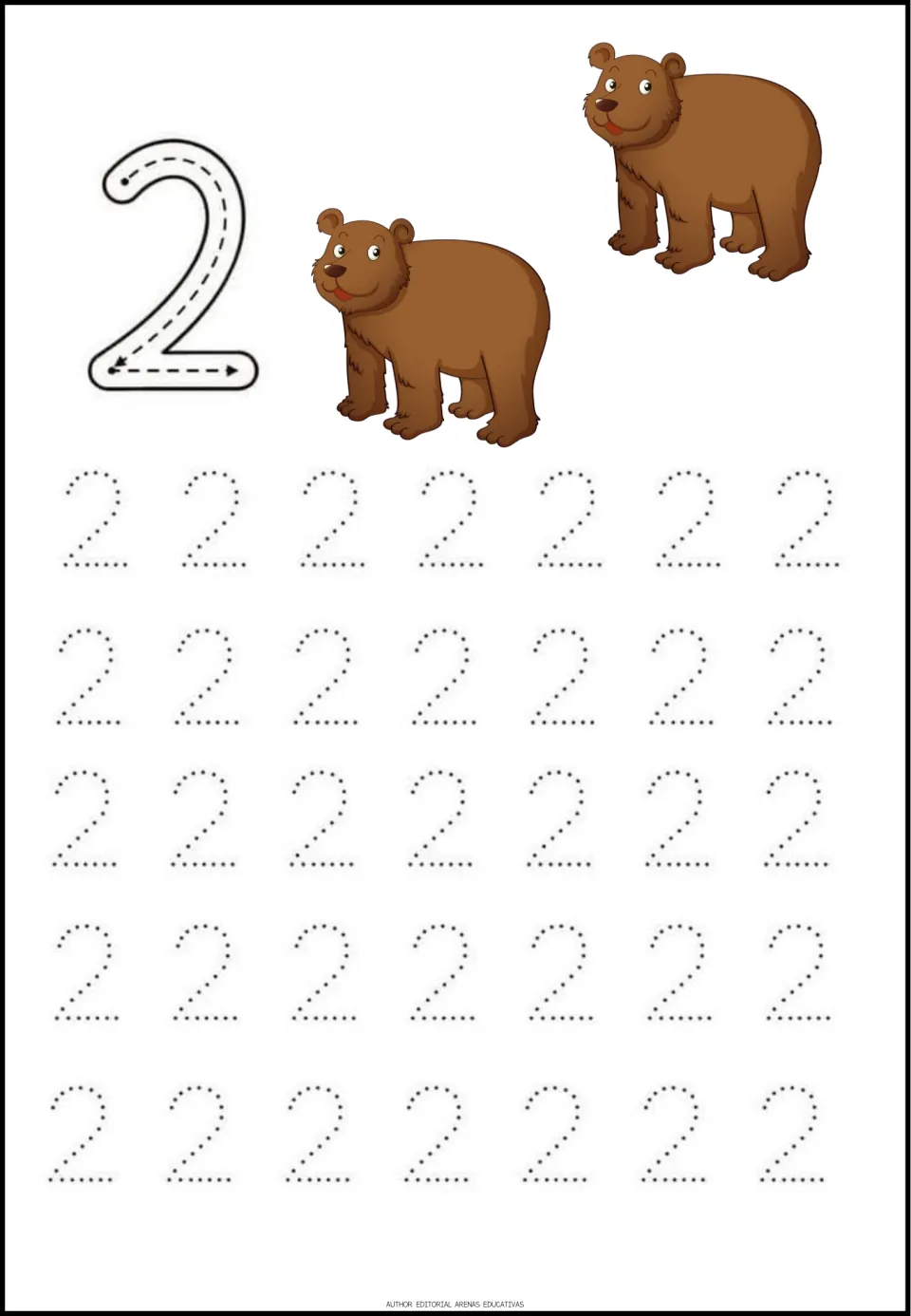 Number 2 tracing: students follow stroke arrows on a big 2, trace five rows of dotted 2s and count the two brown bears