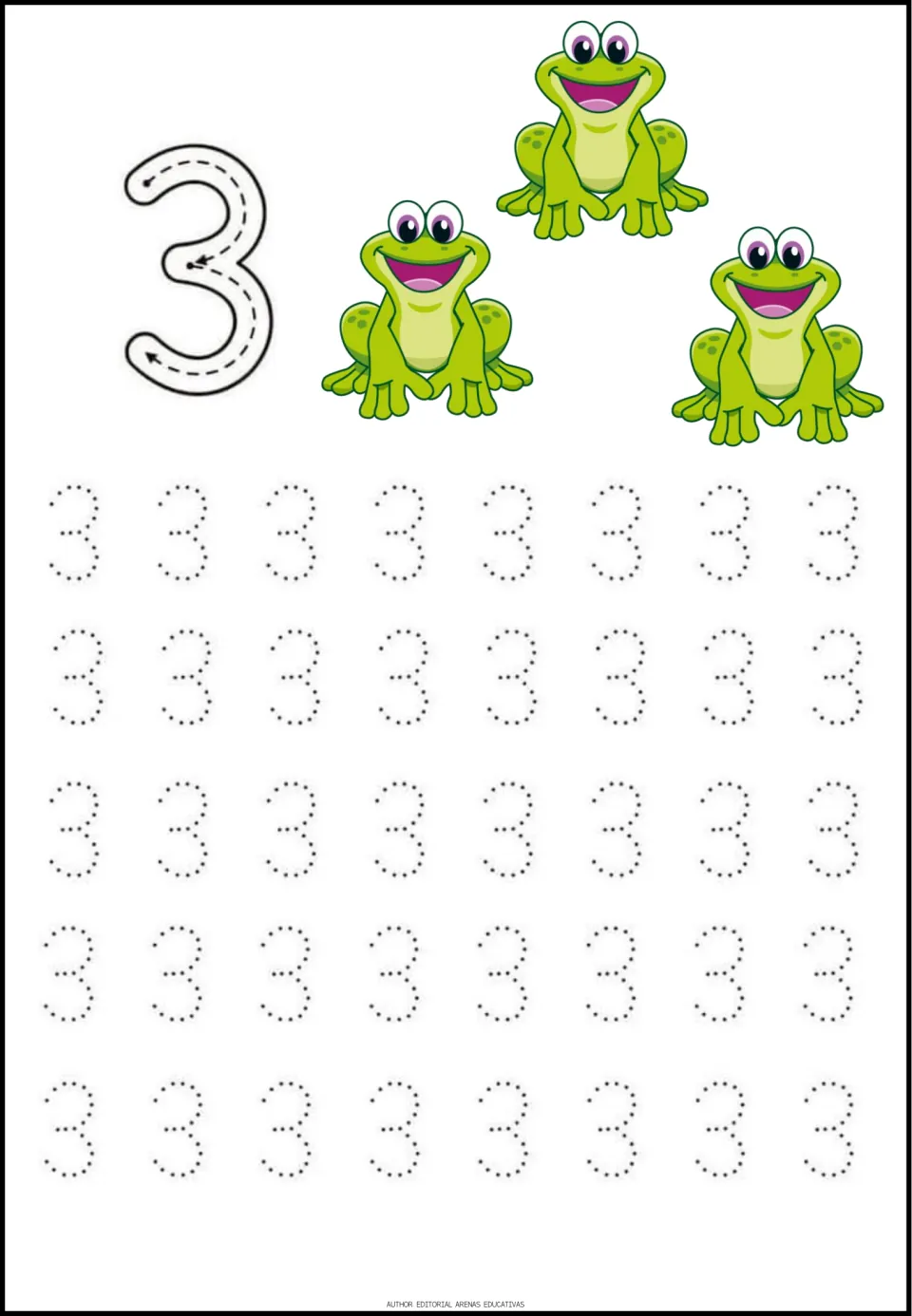 Number 3 tracing: three smiling frogs illustrate the quantity as students trace a guided 3 and rows of dotted 3s