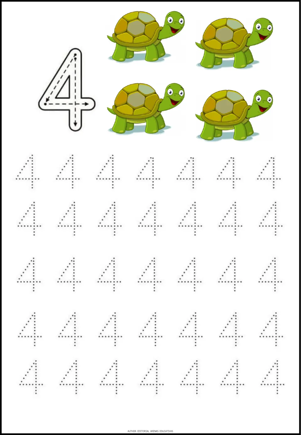 Number 4 tracing: students trace a 4 using its arrow strokes, then copy rows of dotted 4s next to four turtles