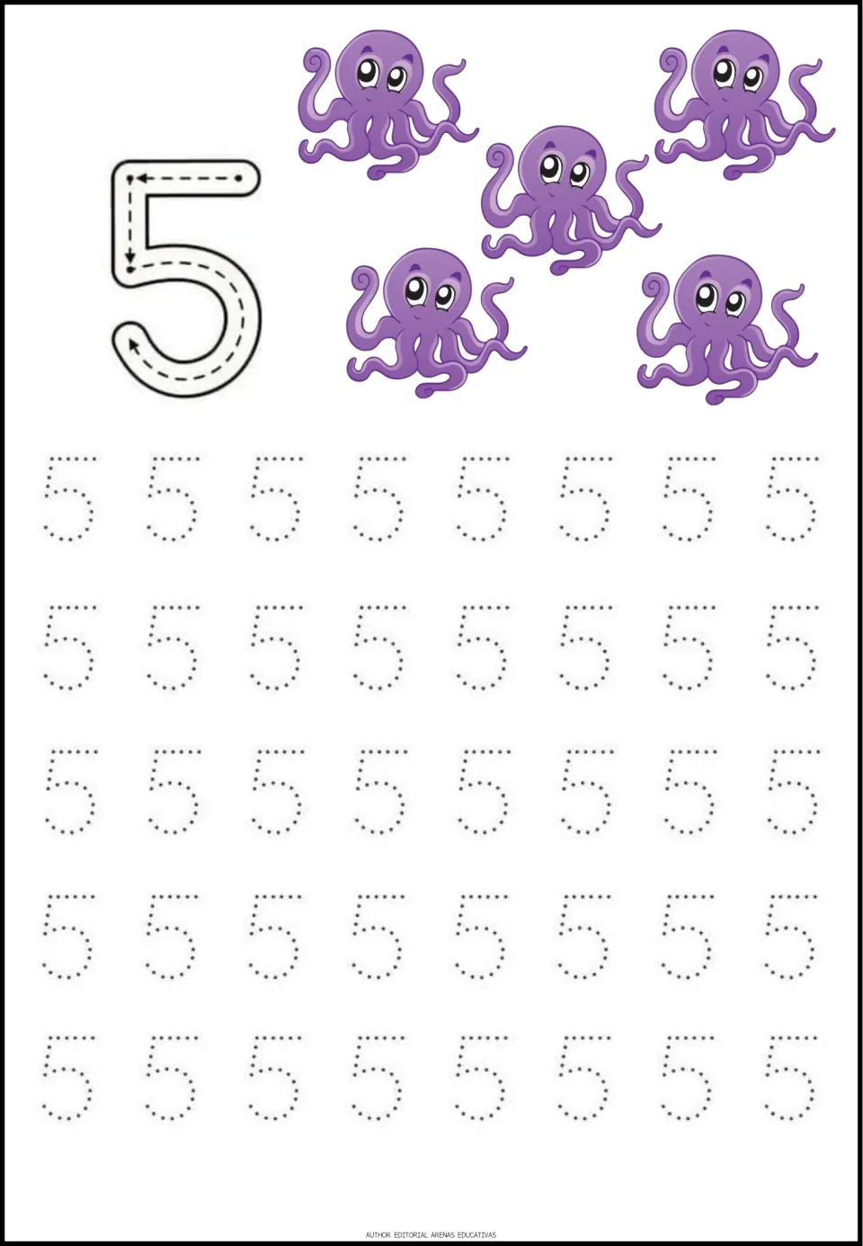 Number 5 tracing: five purple octopuses show the amount while students trace a guided 5 and five rows of dotted 5s