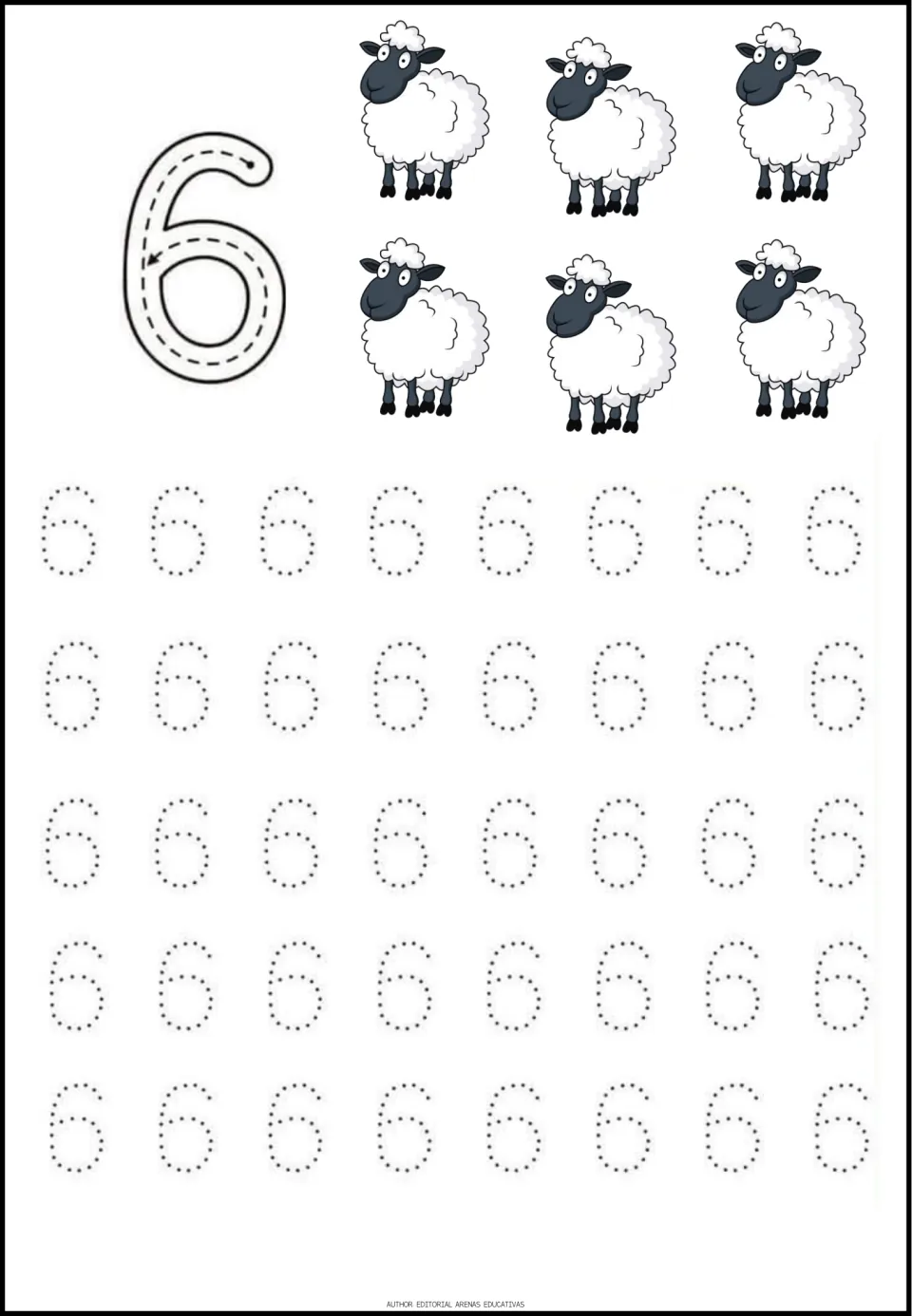 Number 6 tracing: students follow the curved stroke arrow on a large 6 and trace dotted 6s, with six sheep to count