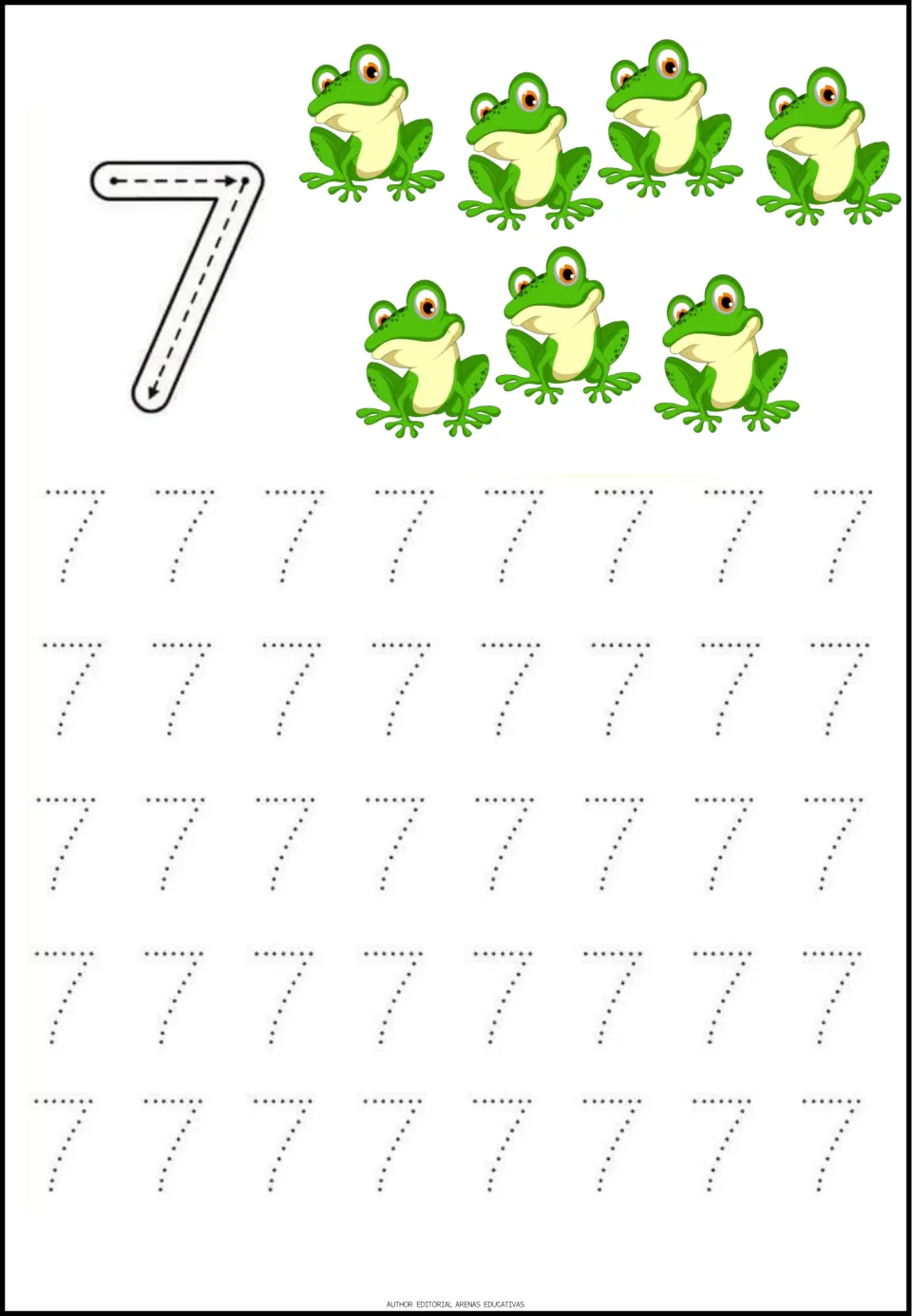 Number 7 tracing: seven green frogs pair with an arrow-guided 7 and five rows of dotted 7s for students to trace