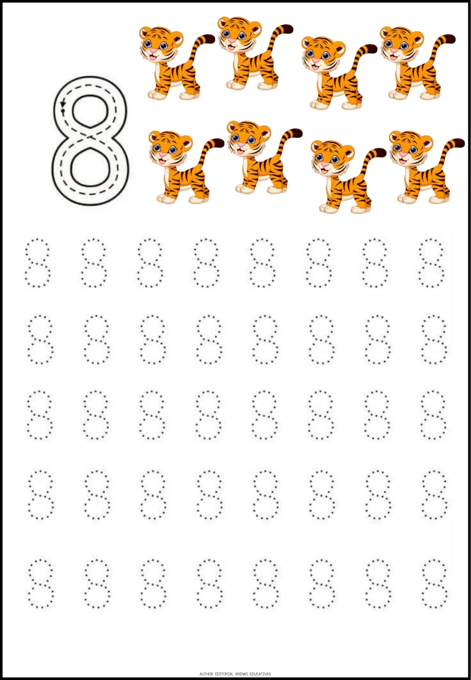 Number 8 tracing: students trace the looping strokes of a guided 8, then rows of dotted 8s, and count eight tiger cubs