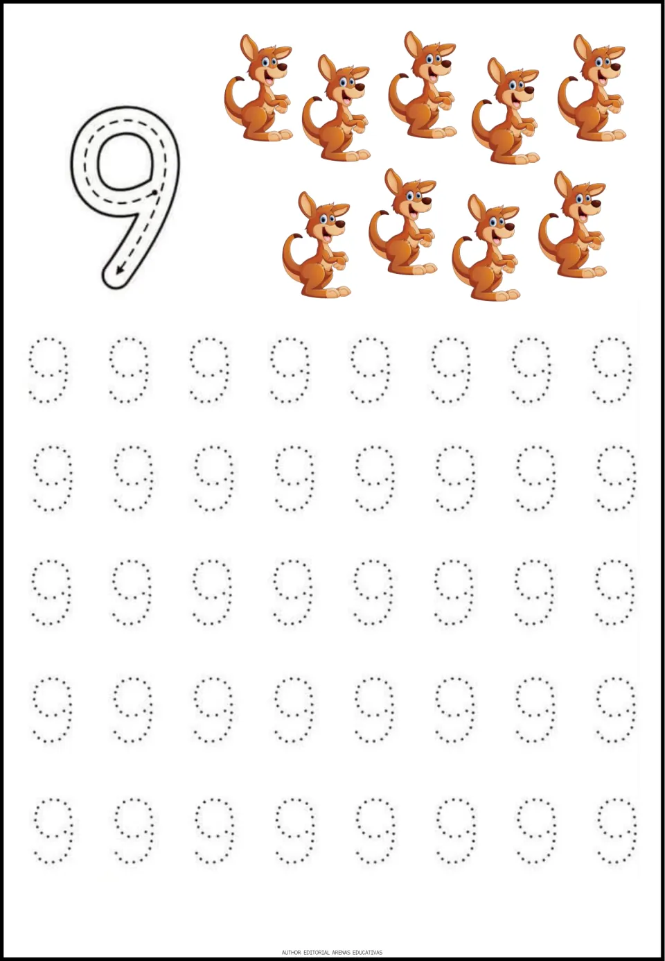 Number 9 tracing: nine kangaroos show the quantity as students trace a 9 along its arrow and copy rows of dotted 9s