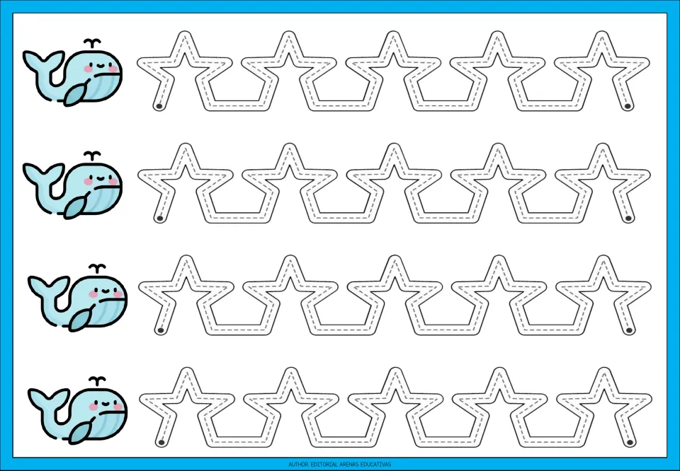 Tracing practice sheet 2 of the nine shown: four repeated paths following connected star-shaped patterns