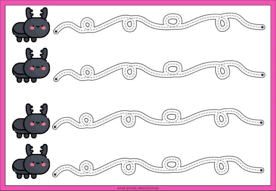 Tracing practice sheet 3 of the nine shown: four repeated winding paths featuring upward and downward loops