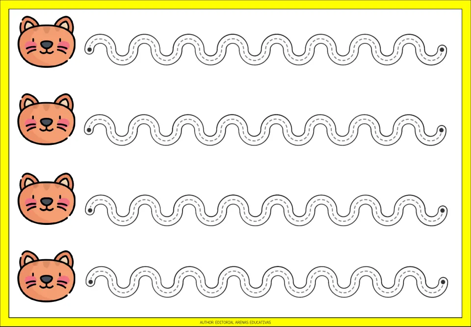 Tracing practice sheet 4 of the nine shown: four repeated paths of continuous waves with rounded peaks and dips