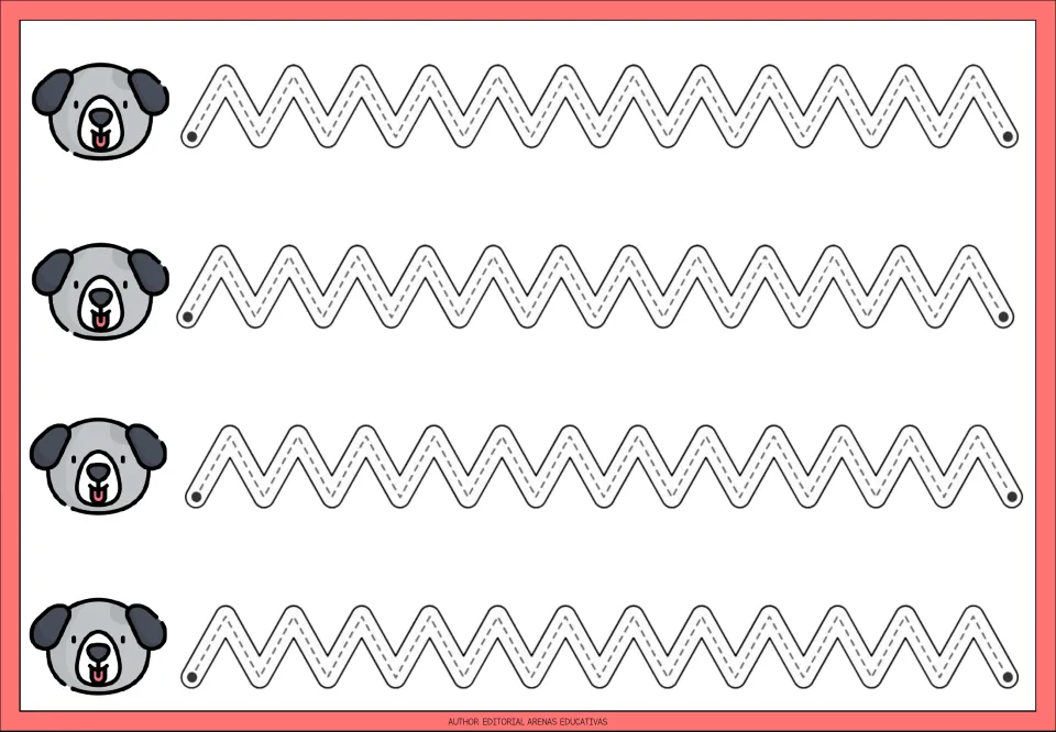 Tracing practice sheet 5 of the nine shown: four repeated zigzag paths with evenly spaced peaks and valleys