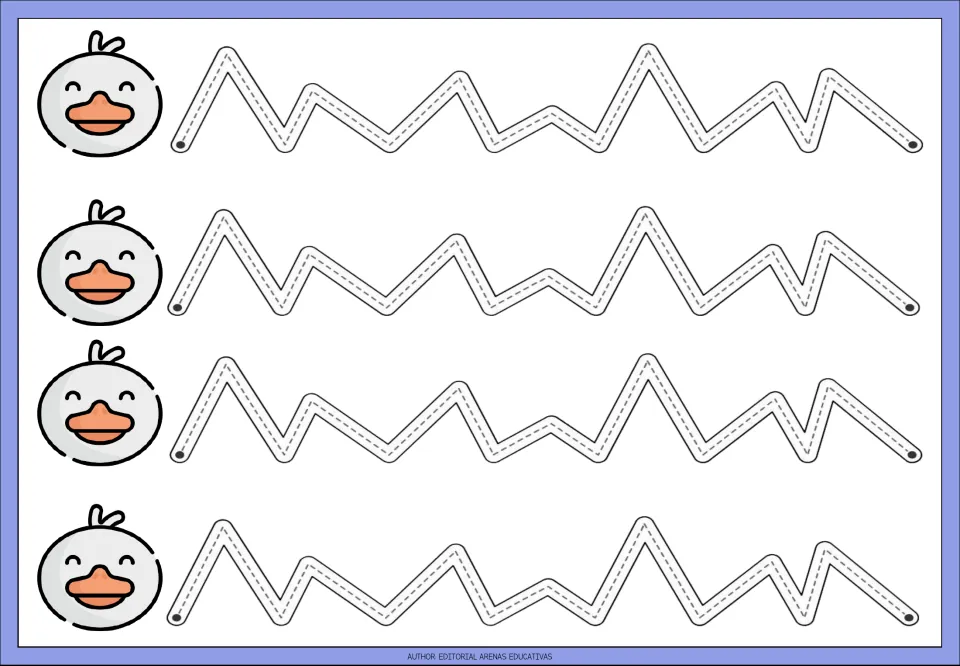Tracing practice sheet 6 of the nine shown: four repeated zigzag paths combining tall and short angled peaks