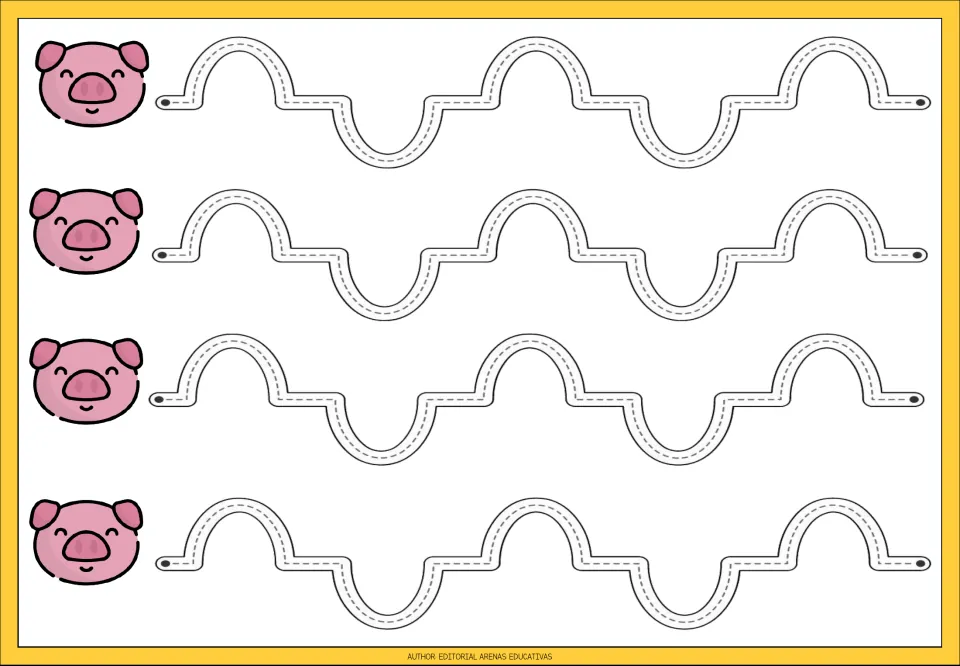 Tracing practice sheet 7 of the nine shown: four repeated paths alternating upward arches and downward curves