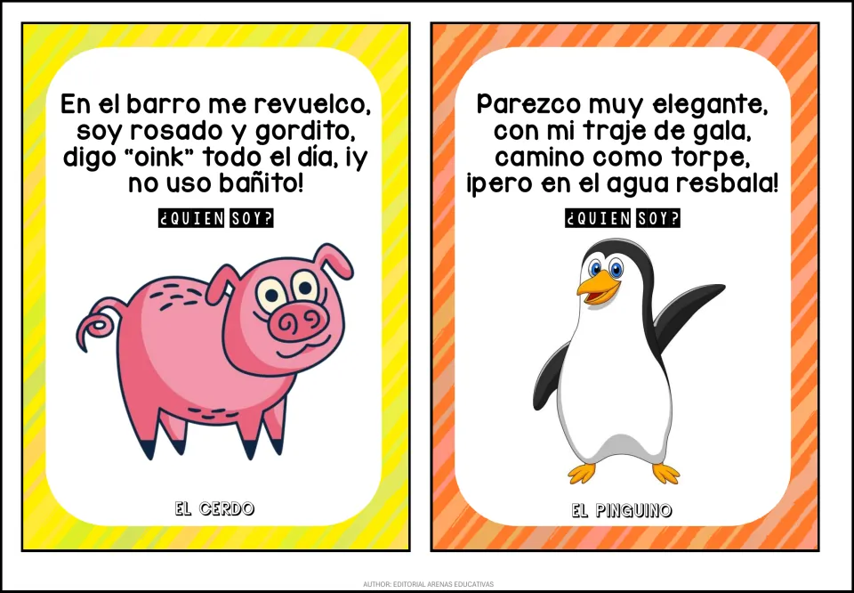 Spanish ¿Quién soy? riddle cards: students read rhyming clues and guess the pig (el cerdo) and the penguin (el pingüino)