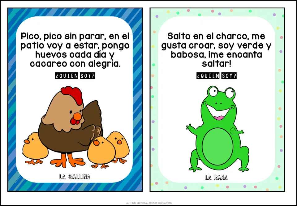 Farm and pond ¿Quién soy? cards: Spanish clues about laying eggs and croaking lead to la gallina (hen) and la rana (frog)