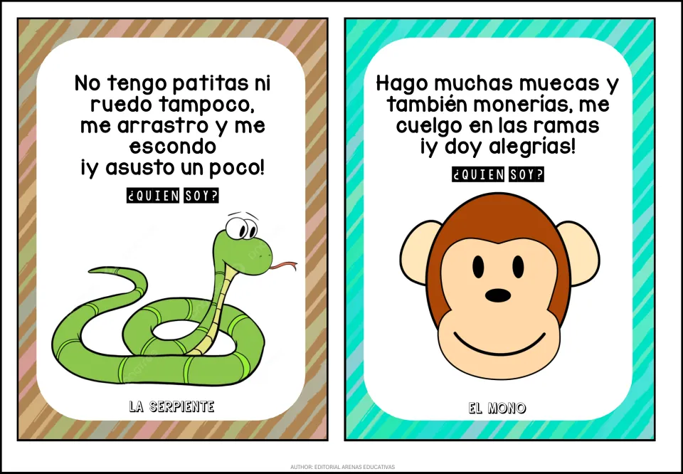 Snake and monkey riddles in Spanish: children decode verse clues to name la serpiente and el mono, shown with the answers