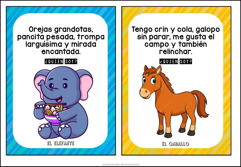 Elephant and horse ¿Quién soy? verses: Spanish descriptions of big ears, a trunk, a mane and neighing reveal each animal