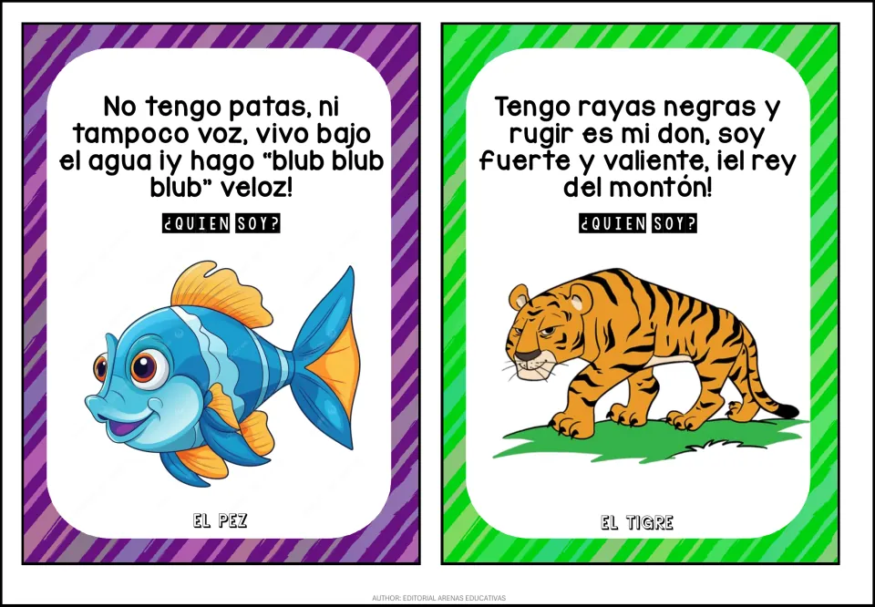 Fish and tiger guessing cards: Spanish rhymes about living underwater and black stripes, answered el pez and el tigre